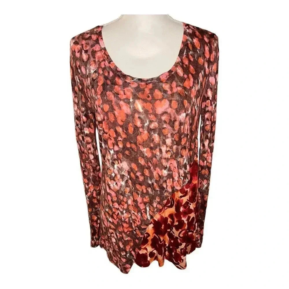 Simply Vera Vera Wang Women’s Small Asymmetric Hem Long Sleeved Brown & Pink Top